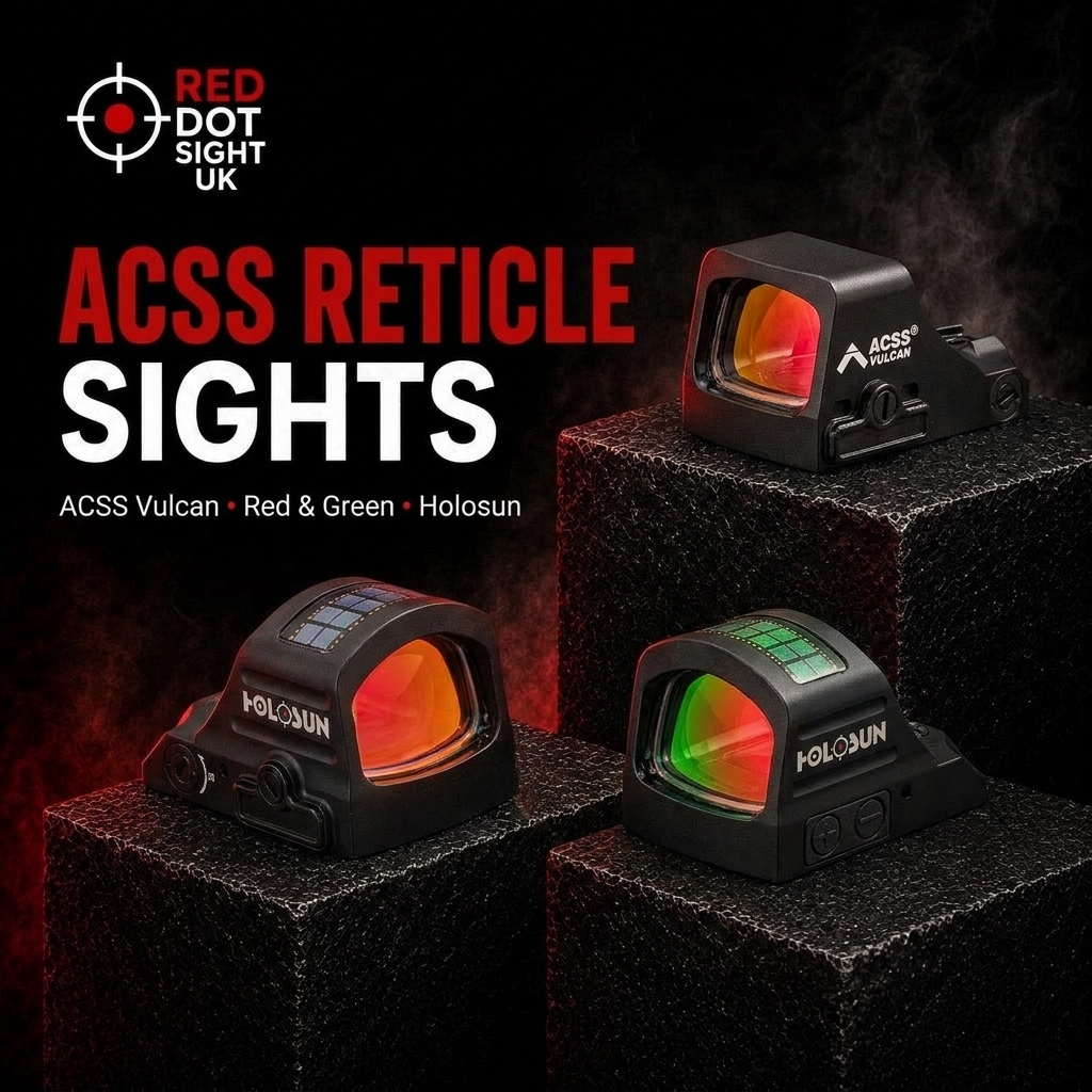 Holosun ACSS Vulcan sights - HS507K X2, HS507C X2 and HE507C X2 - on black pedestals with glowing reticles