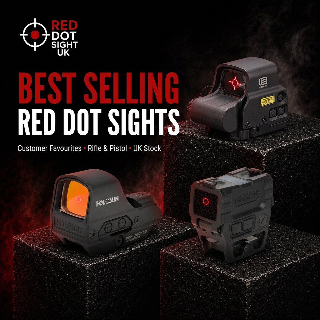 Best selling red dot sights - Holosun HS510C, Holosun AEMS PRO X2 and EOTech EXPS3-DCR - on black pedestals