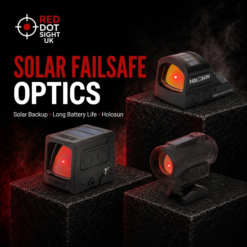 Holosun HS507C X2, AEMS Macro and ARO EVO solar failsafe red dot sights on black pedestals with red reticles