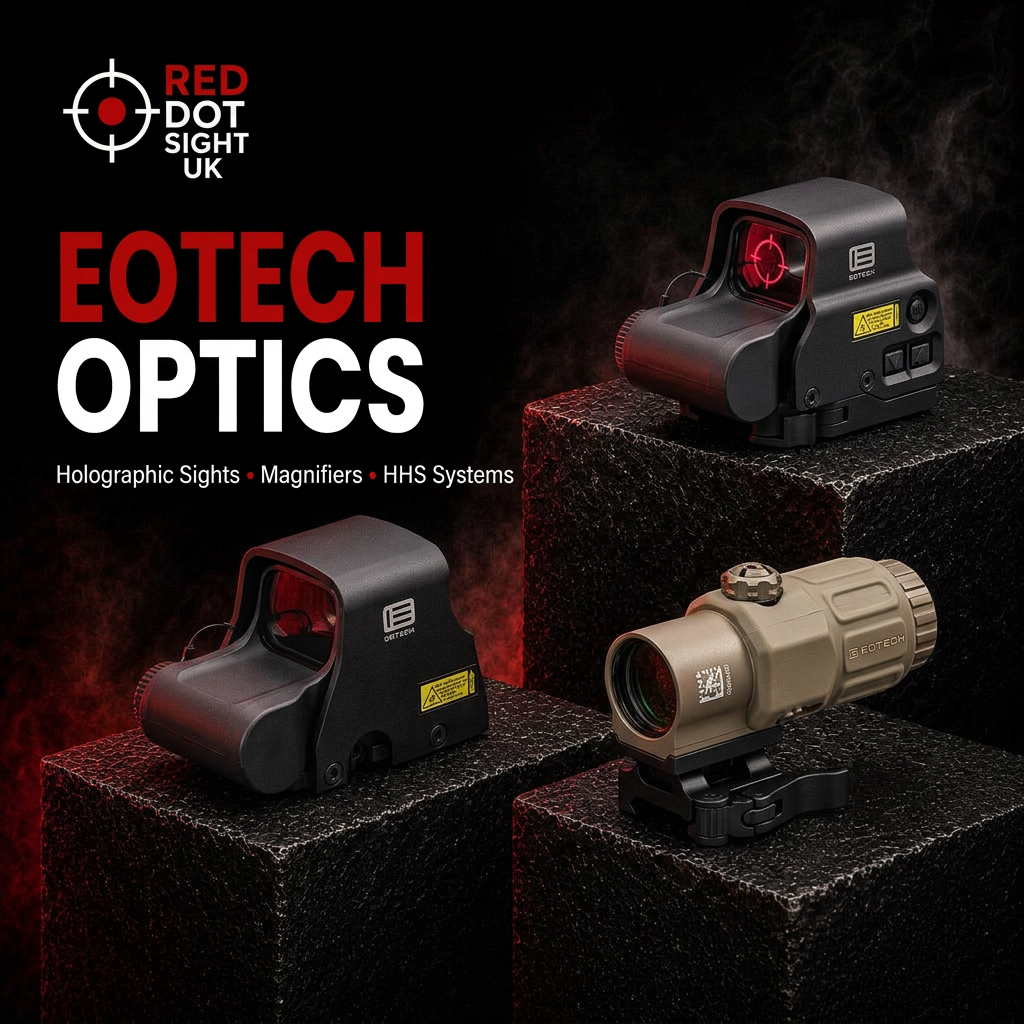 Three EOTech optics - XPS2-0 and EXPS3-0 holographic sights and G33 magnifier - on black display pedestals