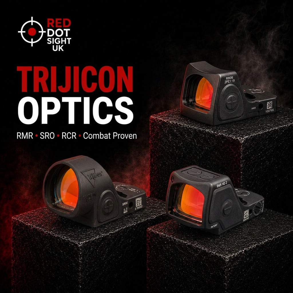 Trijicon RMR Type 2, SRO and RMR HD red dot sights displayed on black pedestals with glowing red reticles