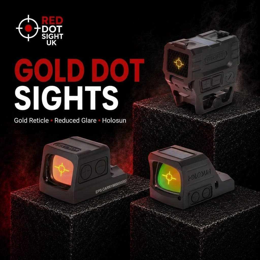 Three Holosun gold dot sights - AEMS PRO X2, EPS Carry and HS507C X3 - on black pedestals with gold reticles