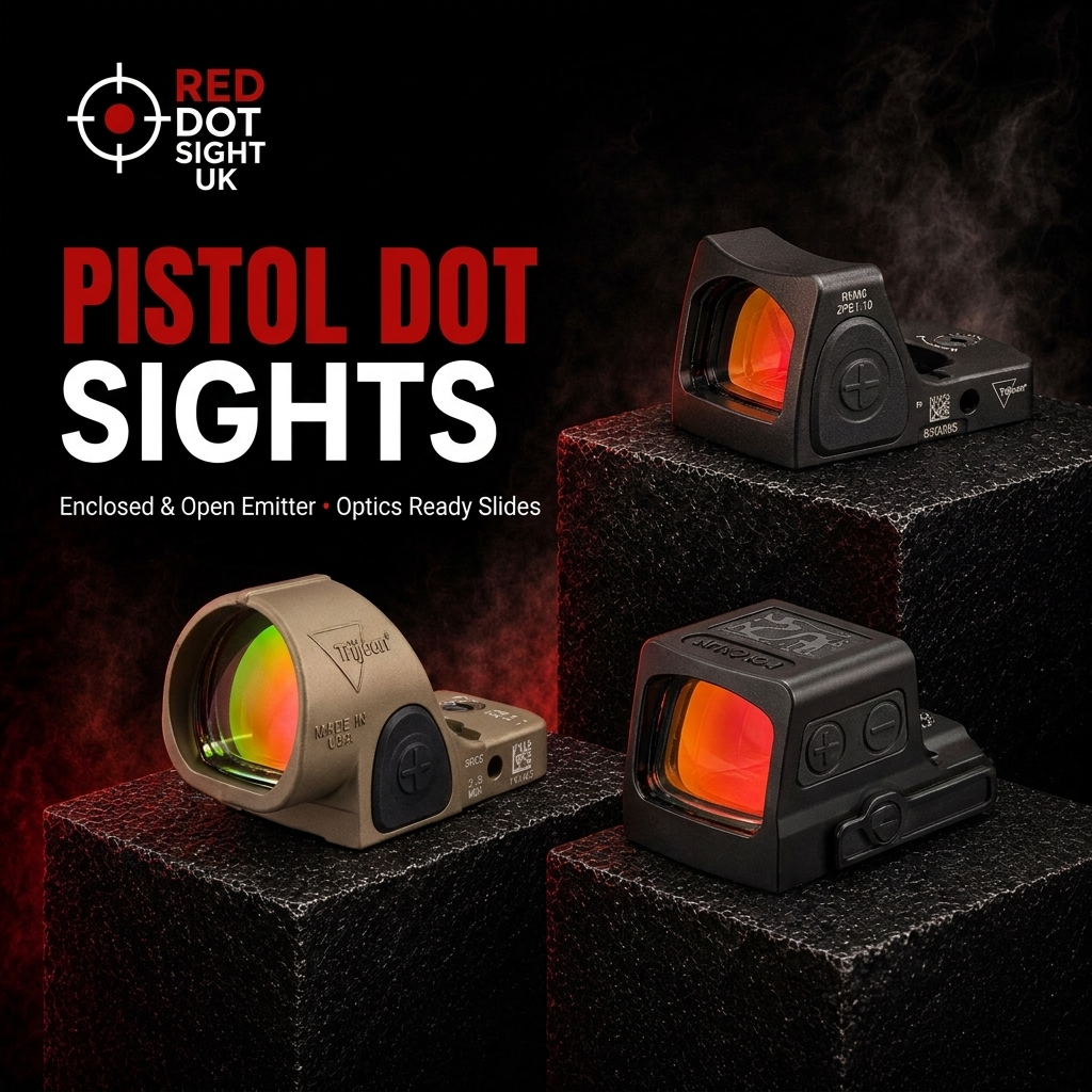 Trijicon RMR Type 2, Trijicon SRO and Holosun EPS Carry pistol red dot sights on black pedestals with red reticles