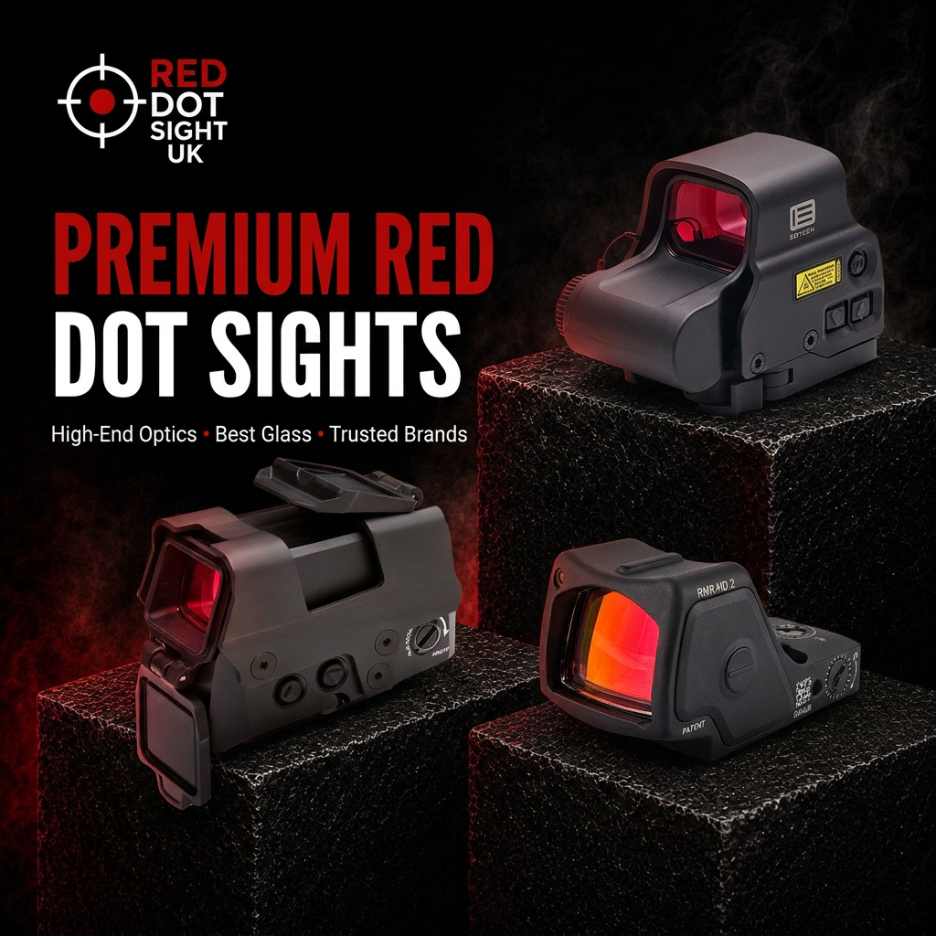 EOTech EXPS3-0, Trijicon RMR HD and SIG Sauer ROMEO8T premium sights on black display pedestals with red reticles