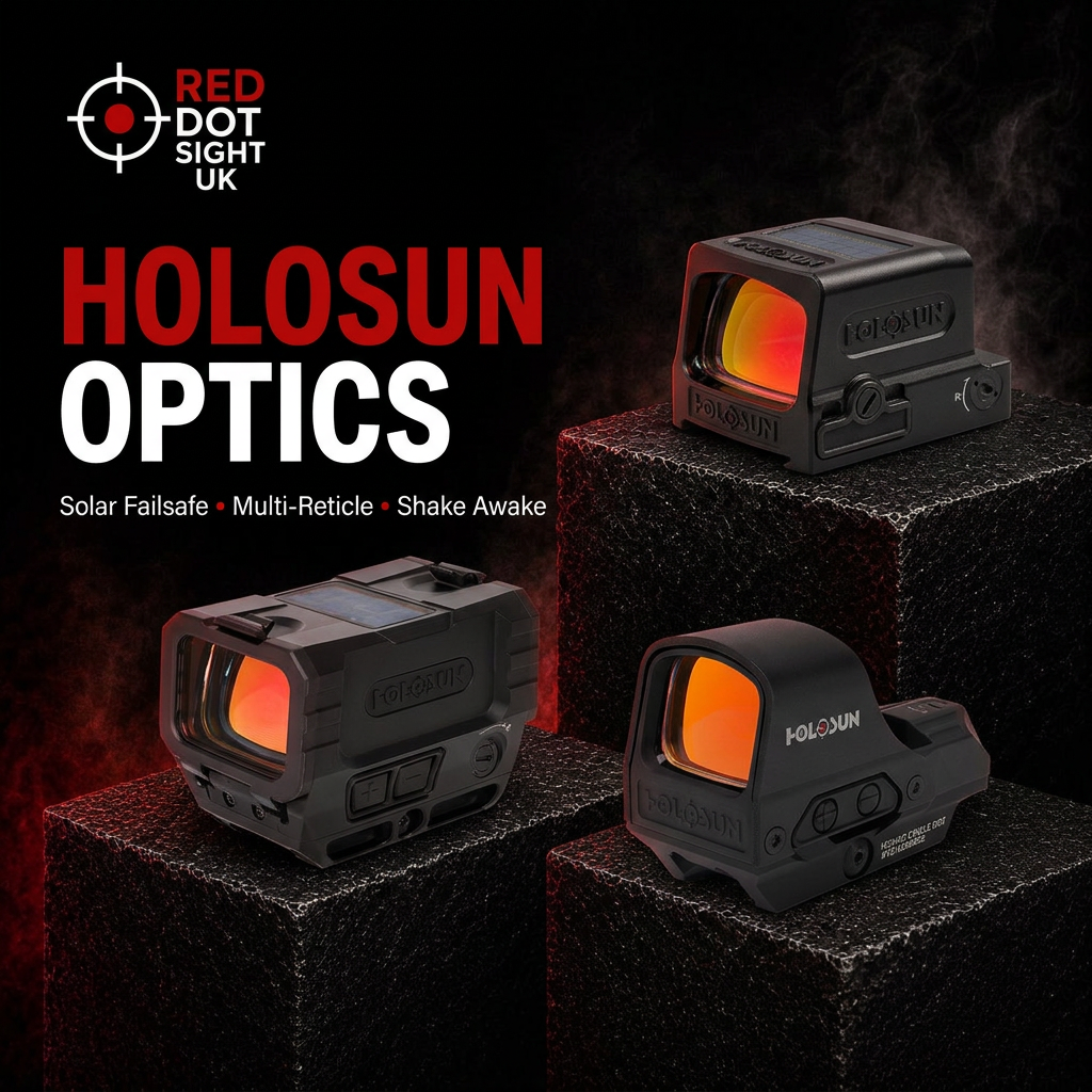 Three Holosun red dot sights - HS510C, HE509T X2 and RONIN AEMS MAX - on black display pedestals
