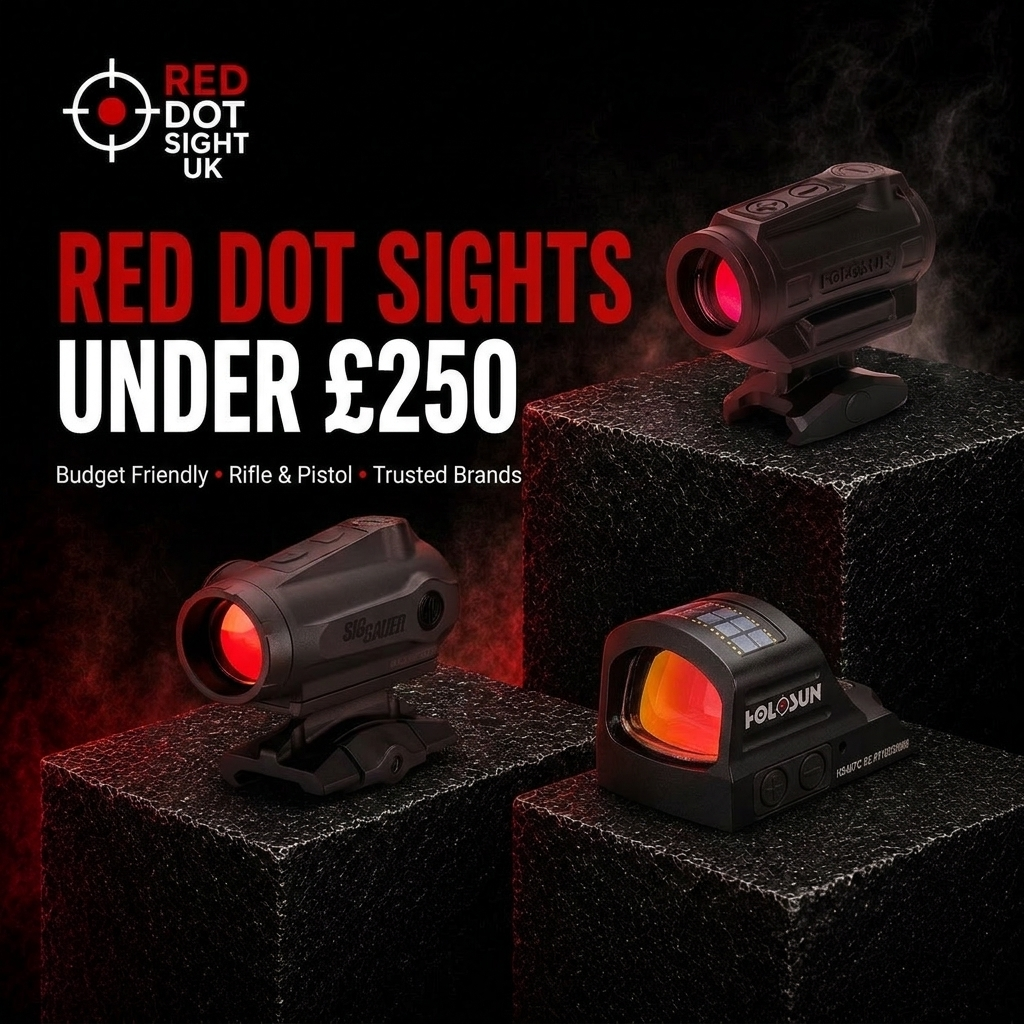 Holosun ARO-RD2, SIG Sauer ROMEO5 Gen II and Holosun HS407C X2 red dot sights on black pedestals with red reticles