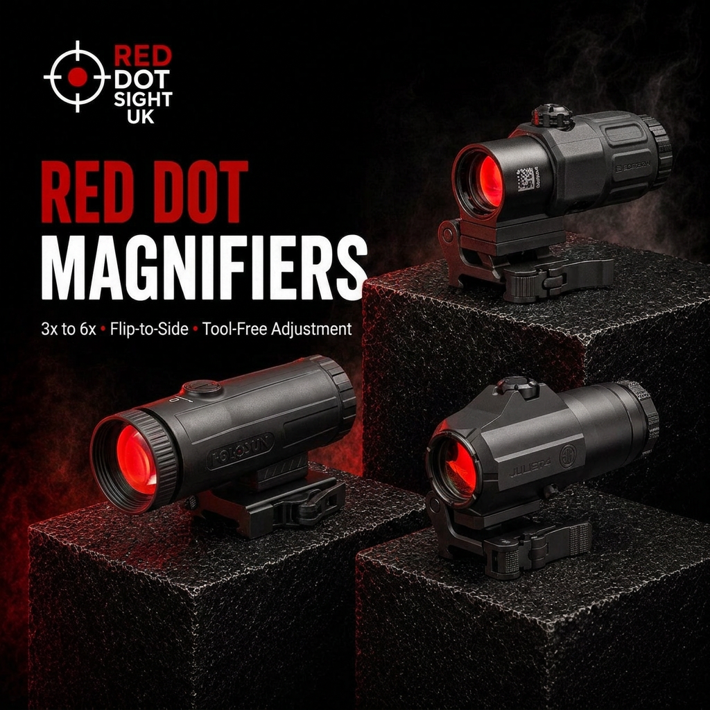EOTech G33, Holosun HM6X and SIG Sauer JULIET4 flip-to-side red dot magnifiers on black display pedestals