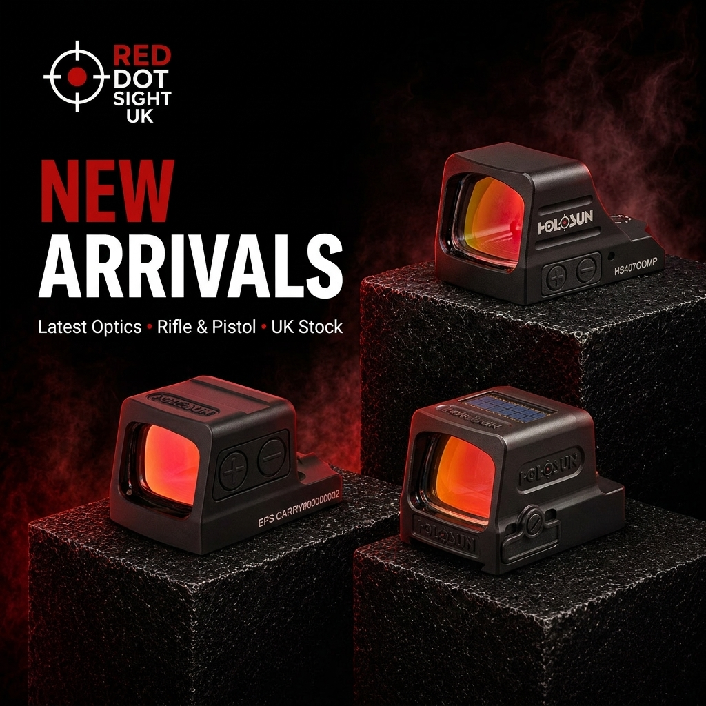 New Holosun optics - HS407COMP, EPS Carry and HE509T X2 - on black pedestals with glowing red reticles