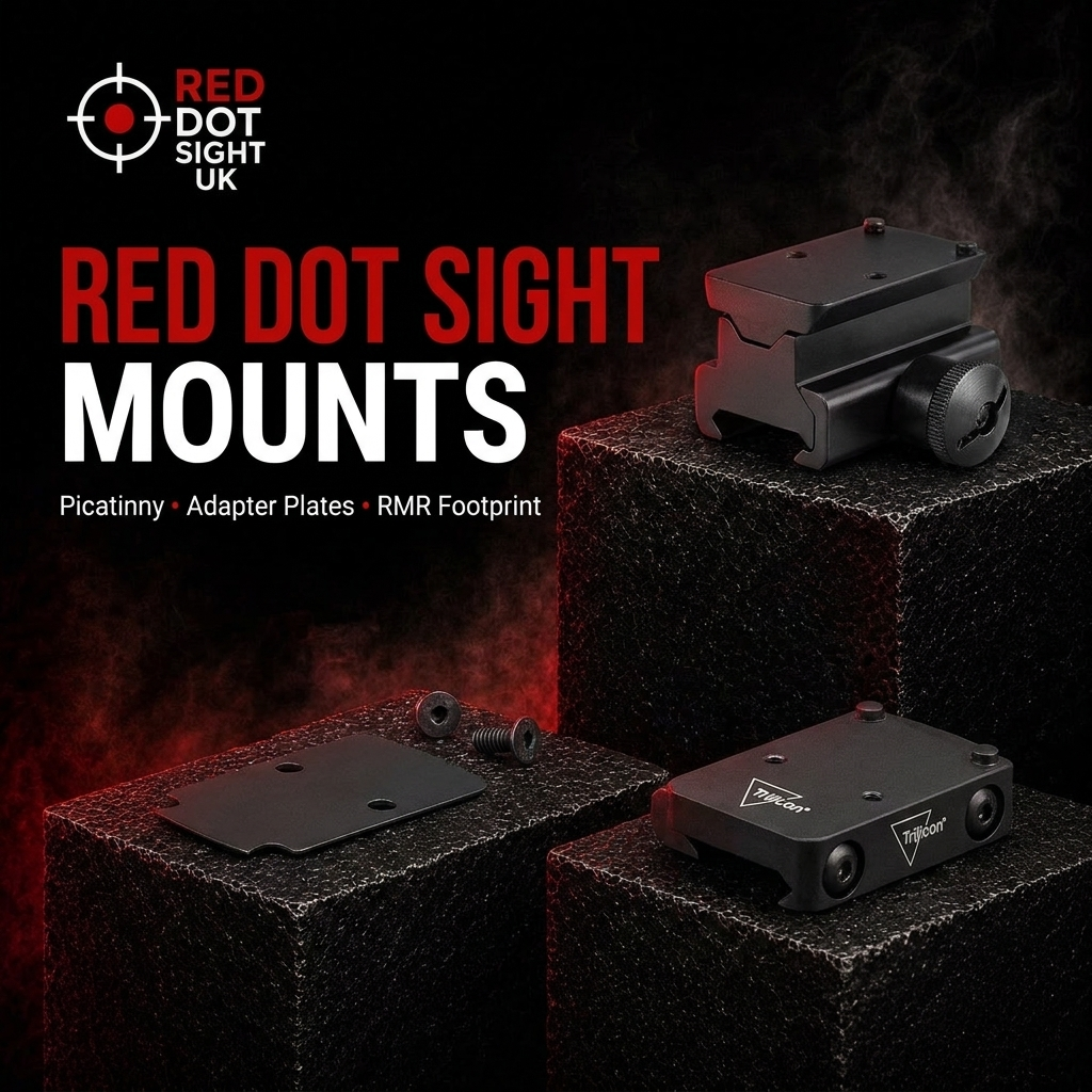Trijicon RM34 and RM33 Picatinny mounts with AC32064 RMR footprint adapter plate kit on black pedestals