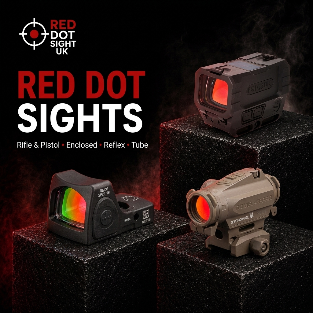 Holosun AEMS MAX, Trijicon RMR Type 2 and SIG Sauer ROMEO4T-PRO red dot sights on black pedestals with red reticles