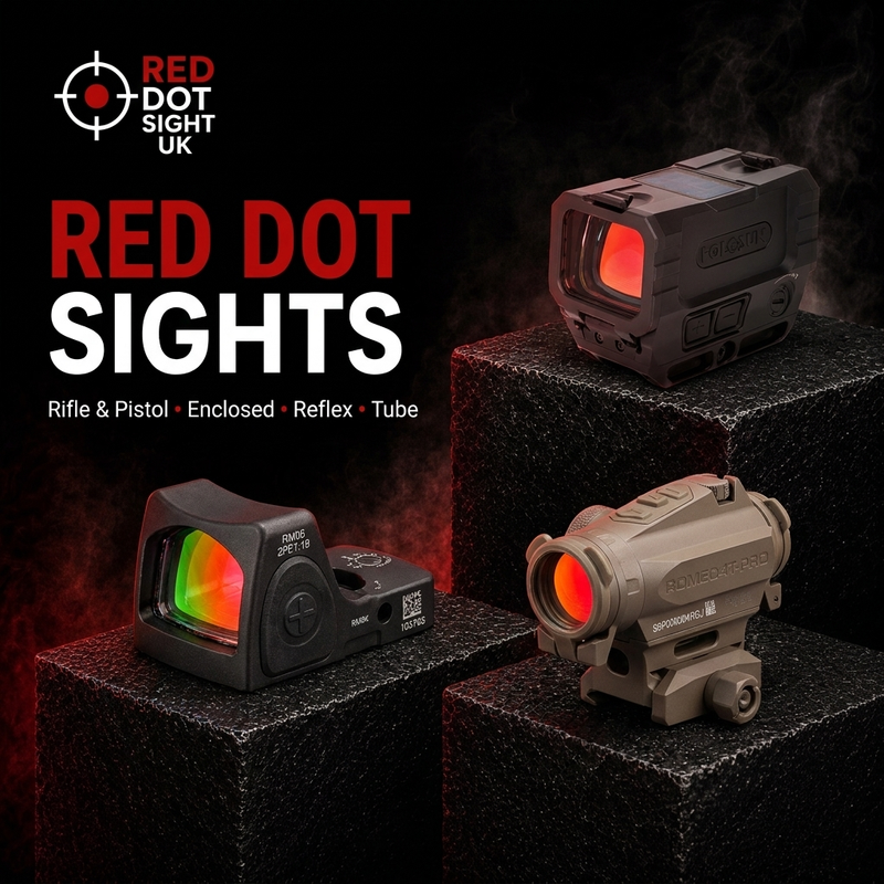 Holosun AEMS MAX, Trijicon RMR Type 2 and SIG Sauer ROMEO4T-PRO red dot sights on black pedestals with red reticles