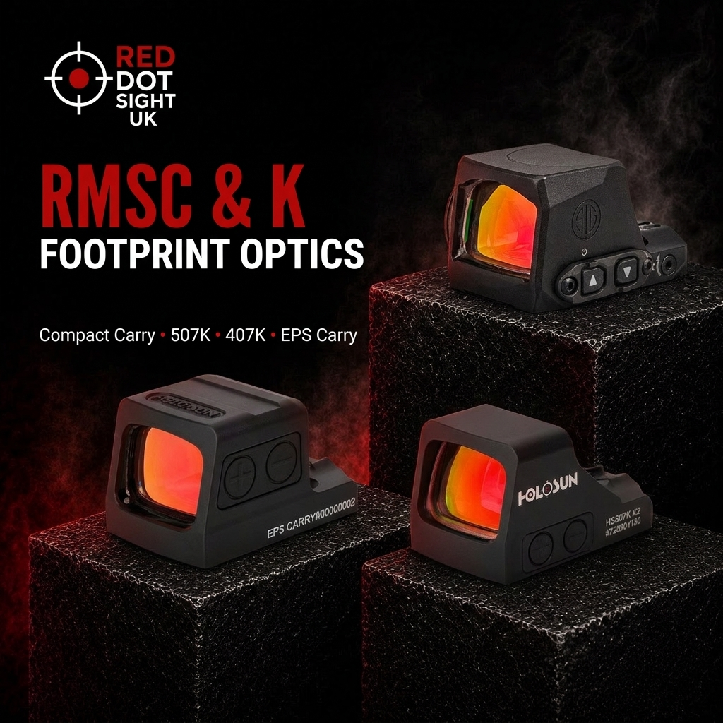 Holosun EPS Carry, Holosun HS507K X2 and SIG Sauer ROMEO-X Compact carry optics on black pedestals with red dots