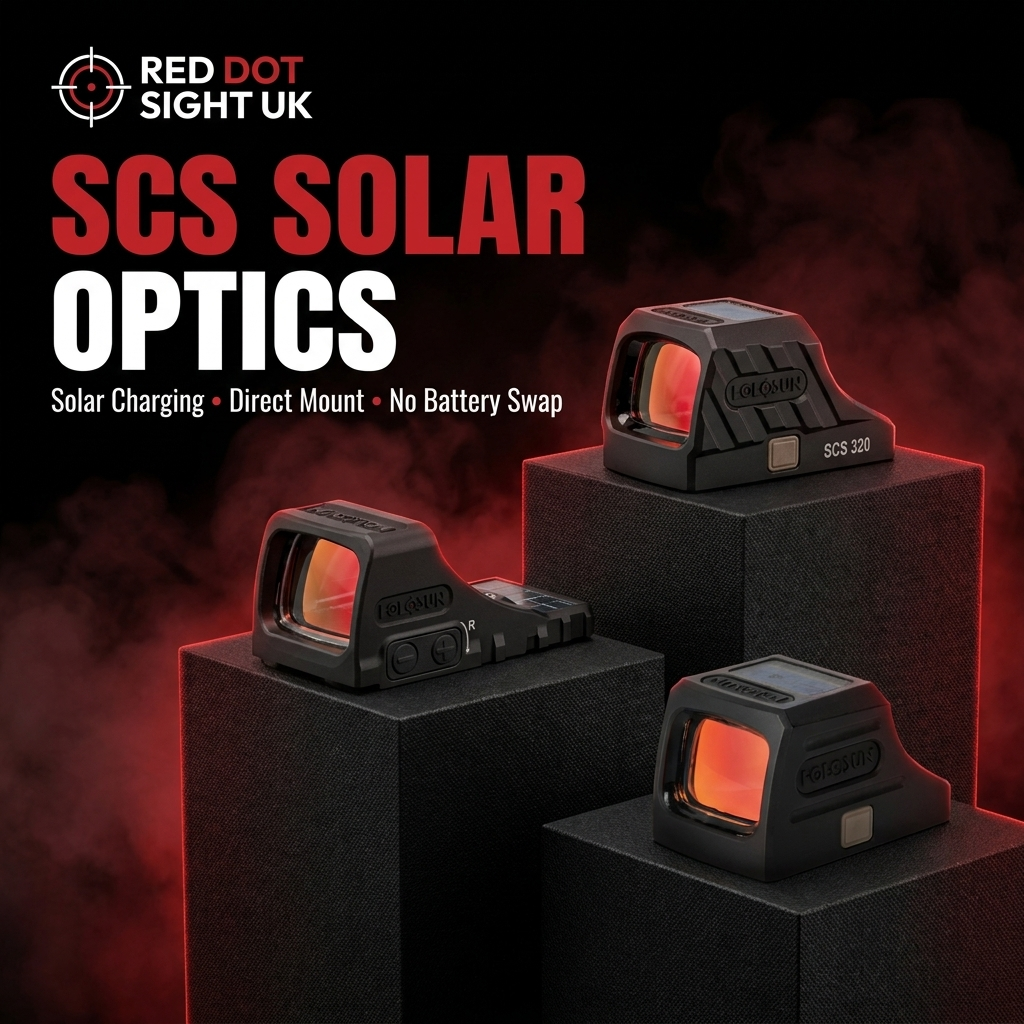 Holosun SCS Carry, SCS MOS and SCS 320 solar charging red dot sights on black display pedestals with red reticles