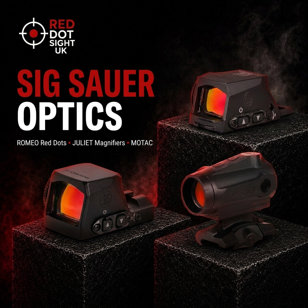 SIG Sauer ROMEO-X Pro, ROMEO-M17 and ROMEO5 Gen II Elite red dot sights on black pedestals with red reticles