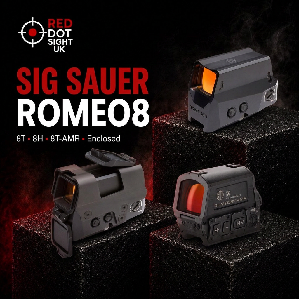 SIG ROMEO8T, ROMEO8H and ROMEO8T-AMR enclosed red dot sights on black pedestals