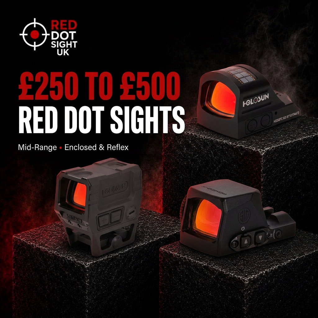 Holosun HS507C X2, Holosun AEMS CORE X2 and SIG ROMEO-X Pro red dot sights on black pedestals
