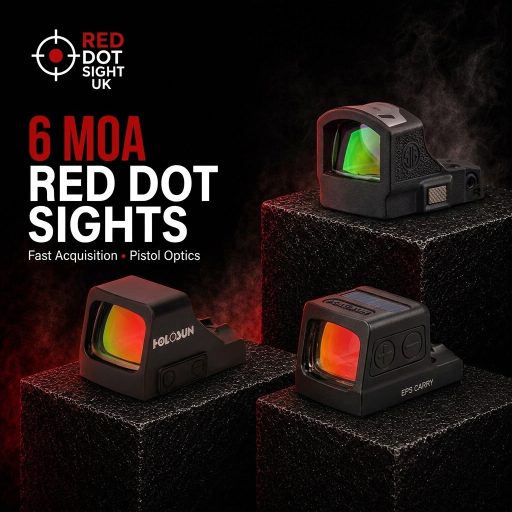 Holosun EPS Carry, Holosun HS407K X2 and SIG ROMEO-RS Compact 6 MOA sights on black pedestals