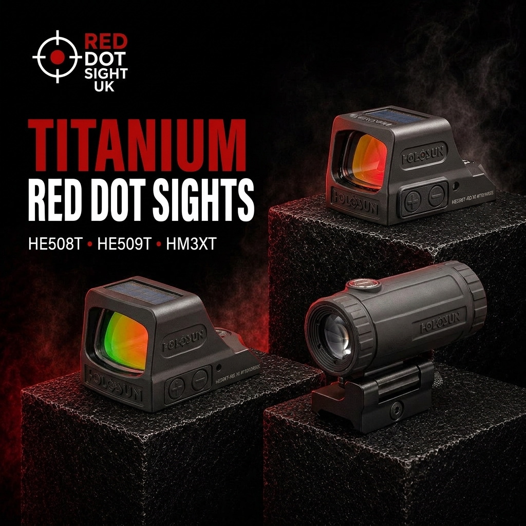 Holosun HE509T X2 and HE508T X2 titanium sights with HM3XT magnifier on black pedestals