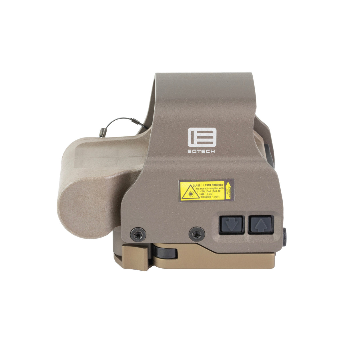EOTech EXPS2-0 holographic sight tan front three-quarter view showing the hood
