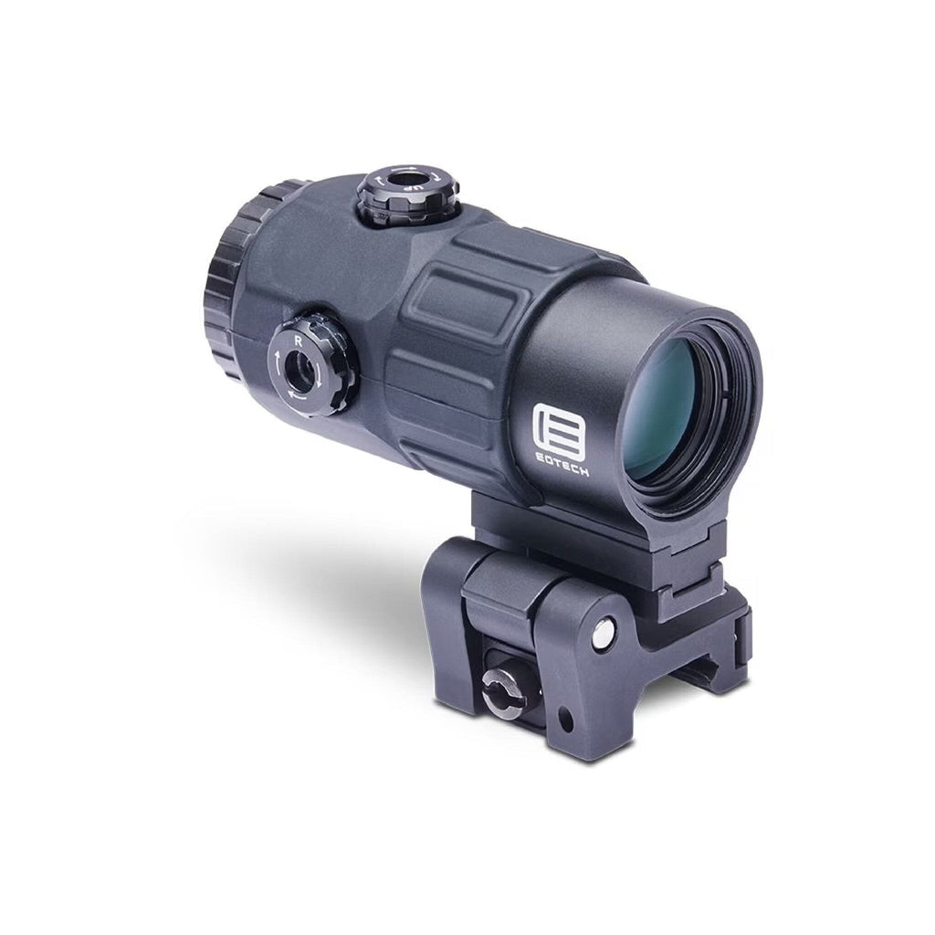 EOTech G45 5x magnifier with STS mount front three-quarter view showing the objective lens