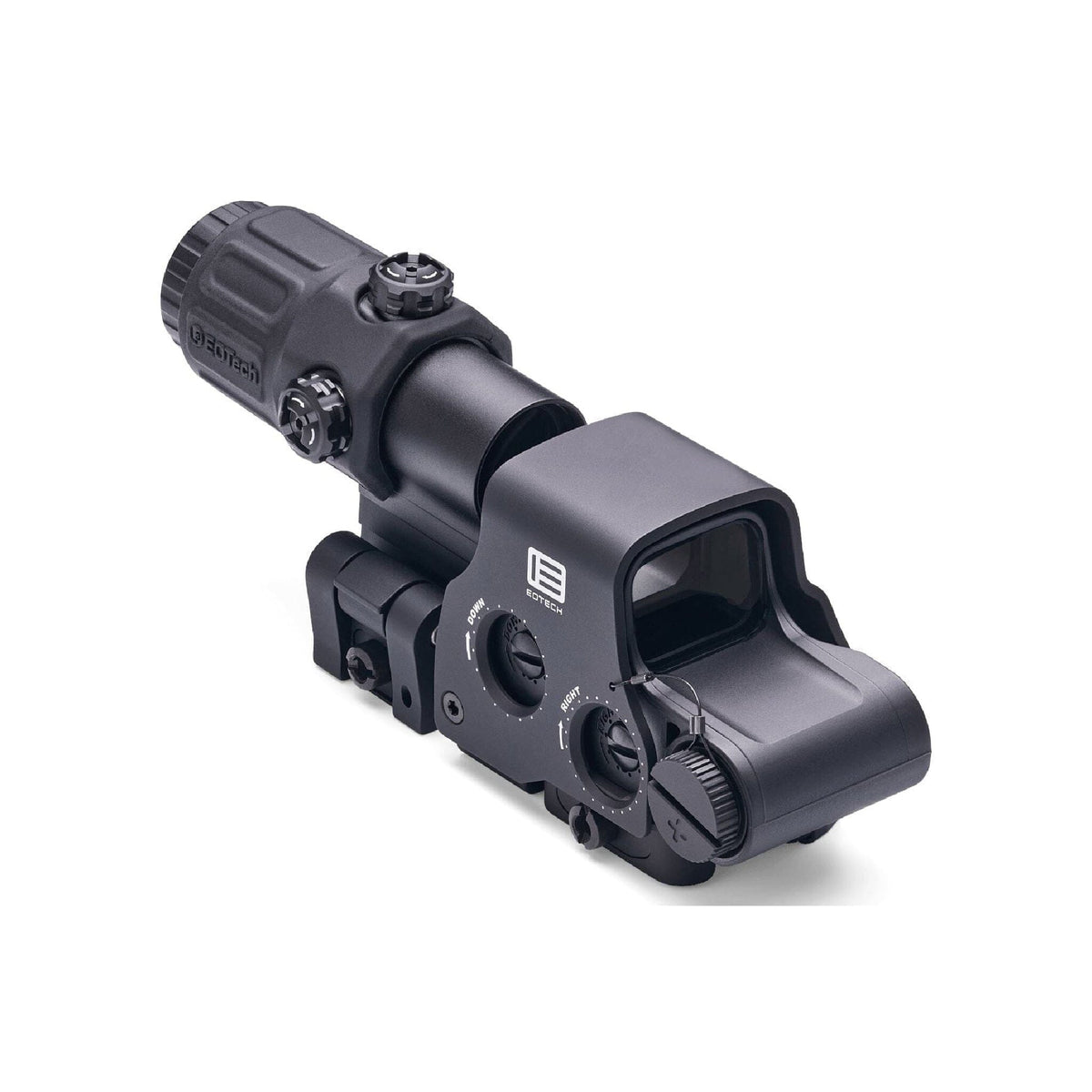 EOTech HHS II EXPS2-2 holographic weapon sight and G33 3x magnifier angled view from the magnifier end