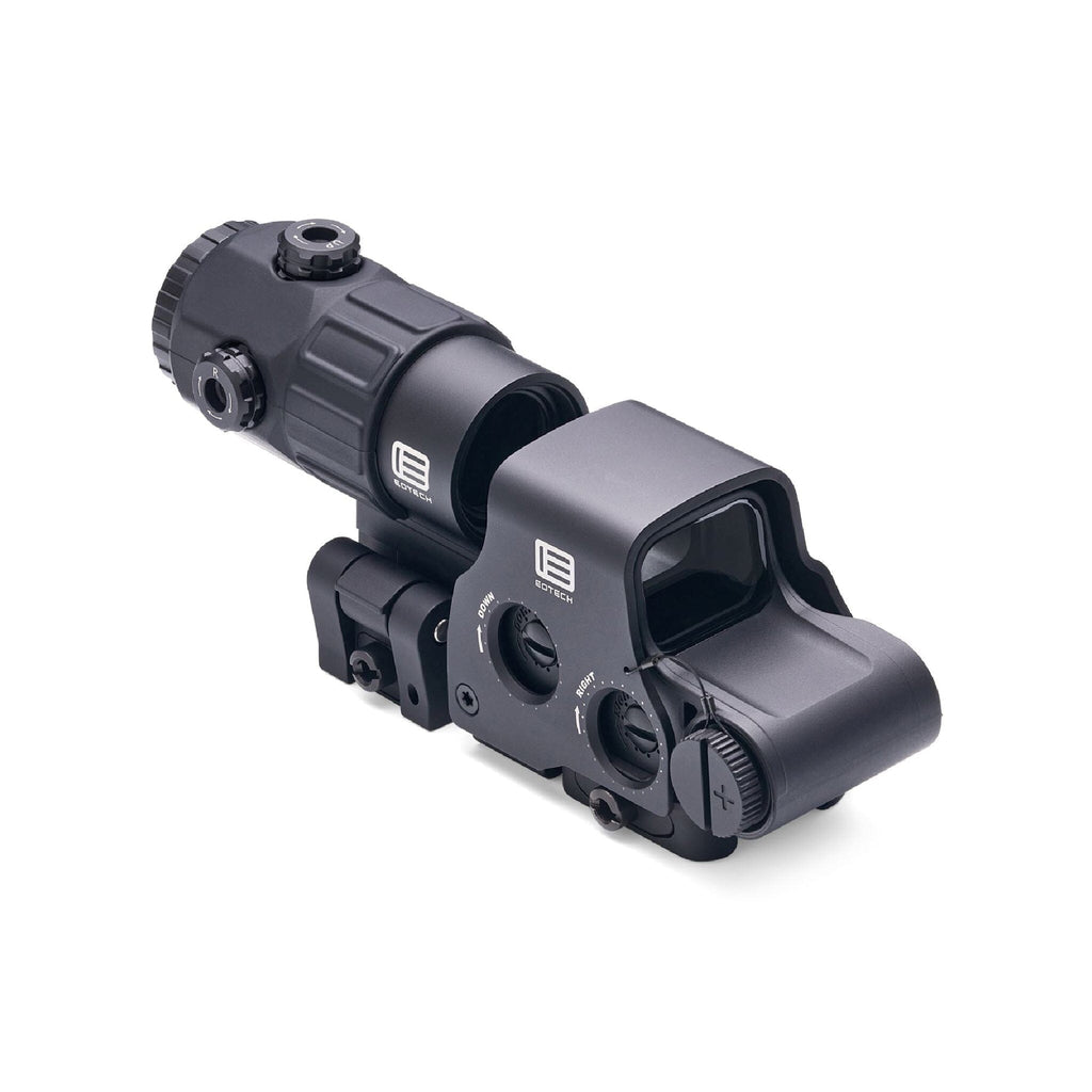 EOTech HHS V EXPS3-4 holographic weapon sight and G45 5x magnifier angled view from the magnifier end