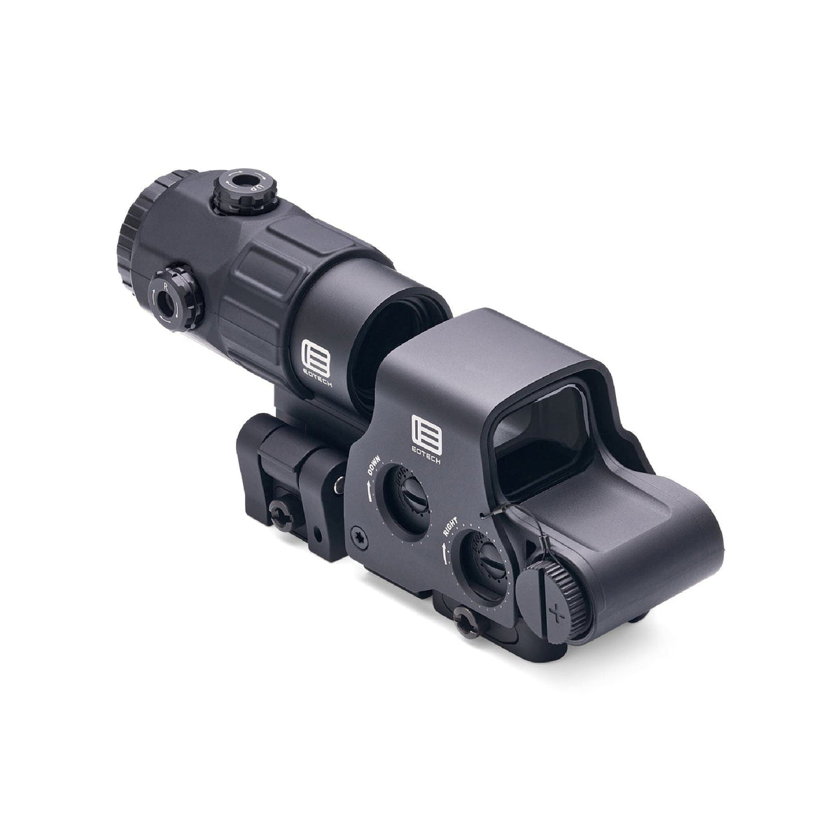 EOTech HHS V EXPS3-4 holographic weapon sight and G45 5x magnifier angled view from the magnifier end