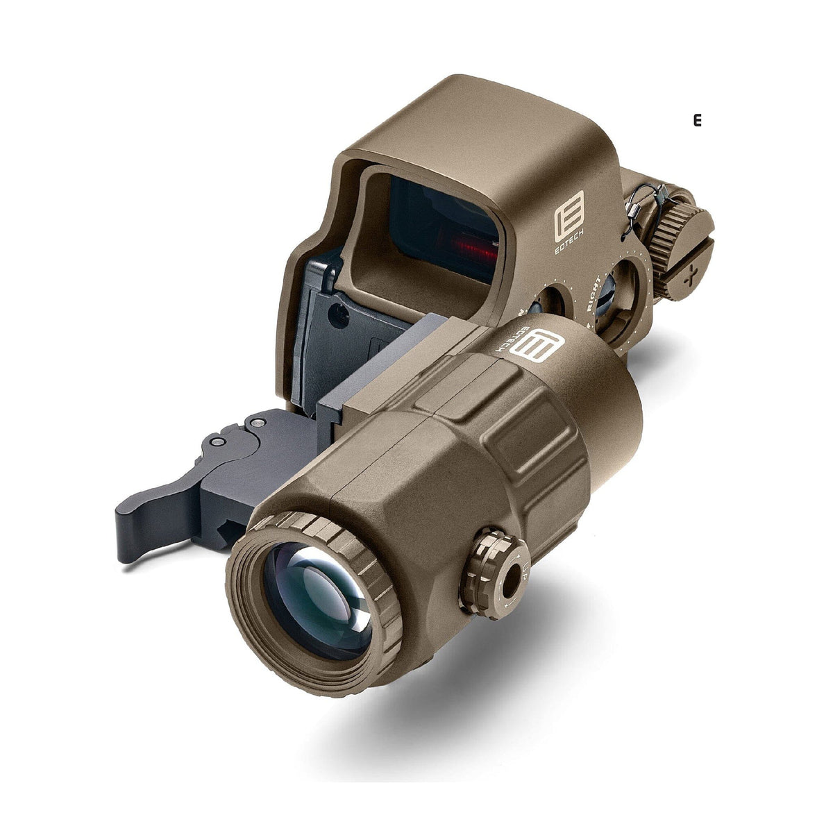 EOTech HHS VIII tan EXPS3-0 holographic weapon sight and G33 3x magnifier angled view from the magnifier end