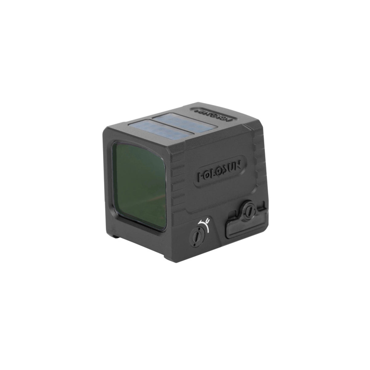 Holosun AEMS Macro GD gold dot sight front three-quarter view showing the lens
