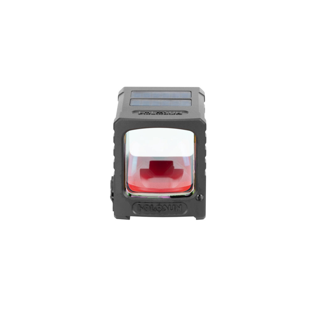 Holosun AEMS Macro GD gold dot sight from behind showing the window with the reticle lit