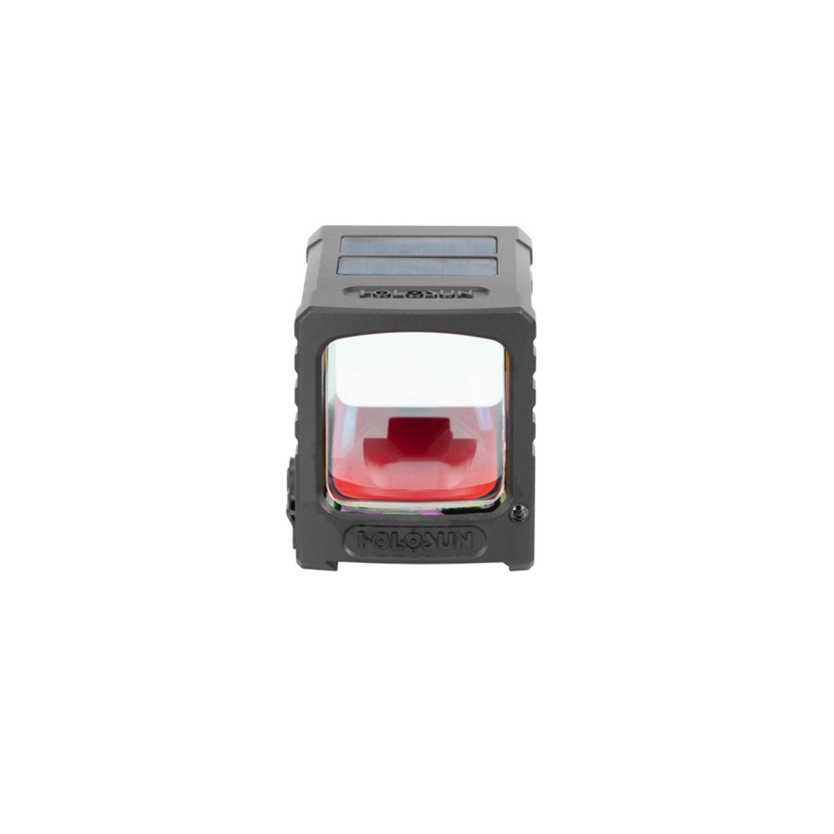 Holosun AEMS Macro GD gold dot sight from behind showing the window with the reticle lit