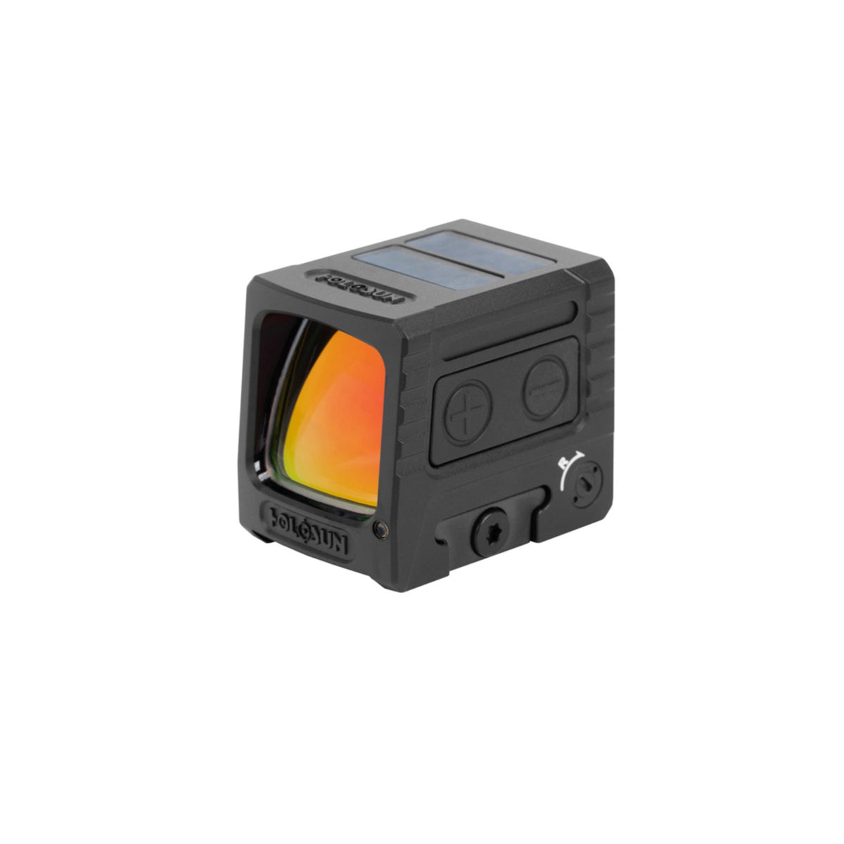 Holosun AEMS Macro GR green dot sight angled front view with lens reflection