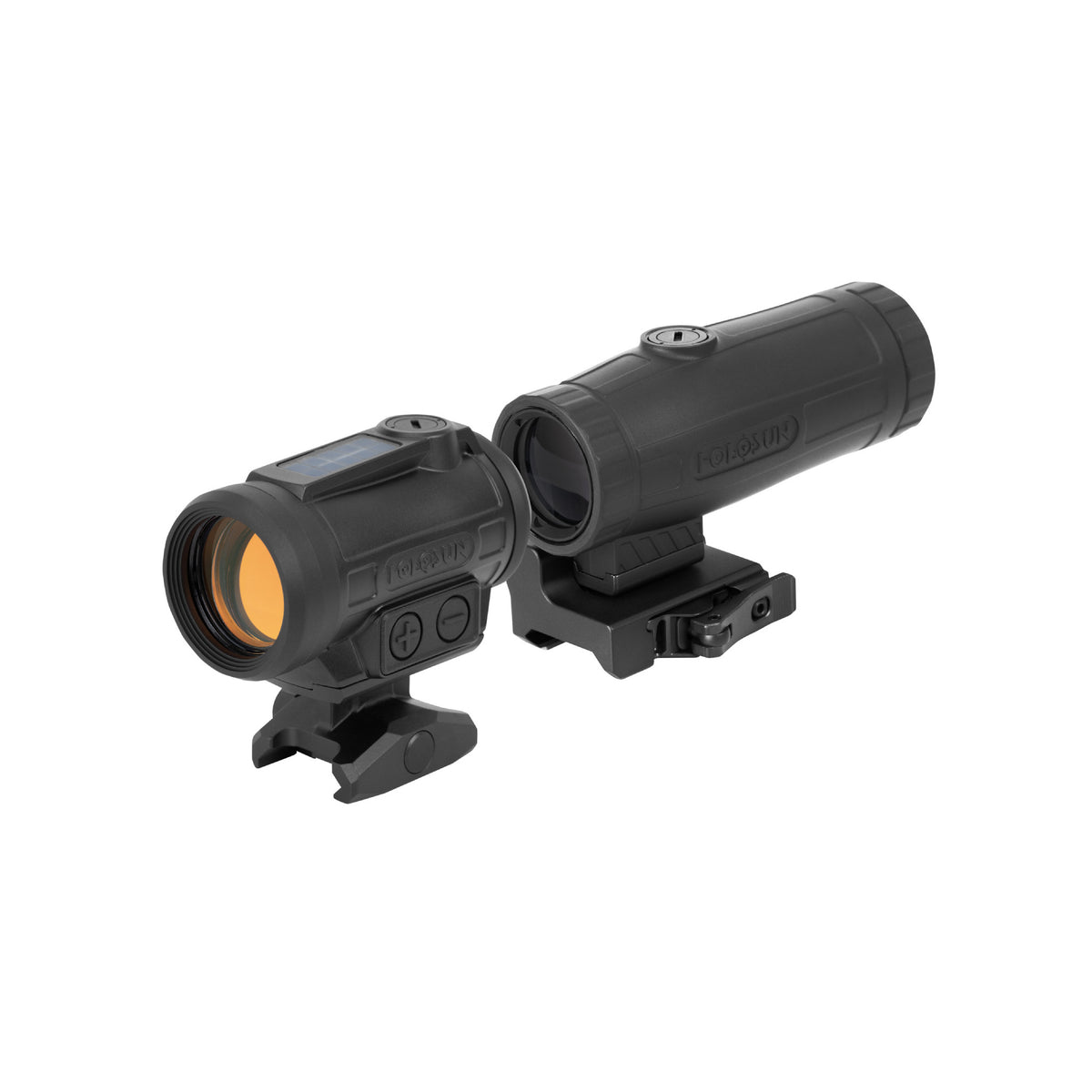 Holosun ARO-EVO SPR red dot sight and HM3X 3x magnifier combo front three-quarter view