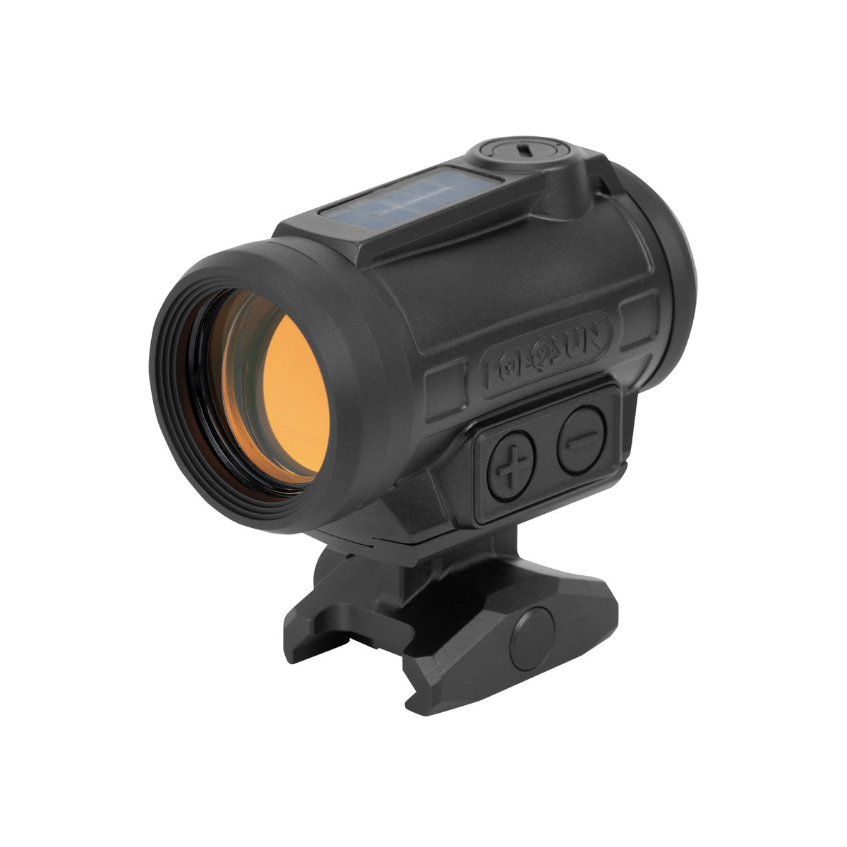 Holosun ARO-EVO SPR red dot sight front three-quarter view from the left showing the orange lens coating
