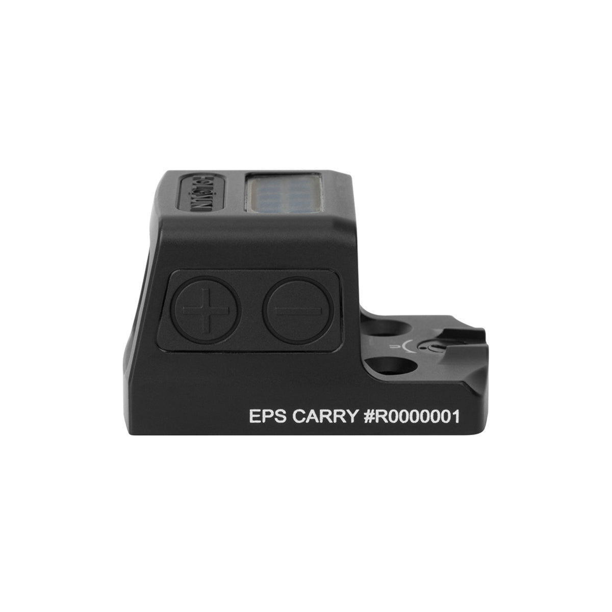 Holosun EPS Carry GR-6 green dot sight side view with the brightness buttons on a white background