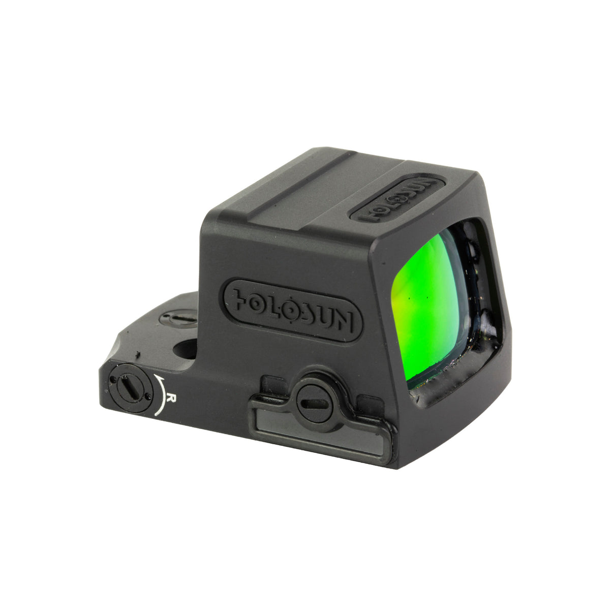 Holosun EPS RD 2 MOA red dot sight front three-quarter view with green lens reflection