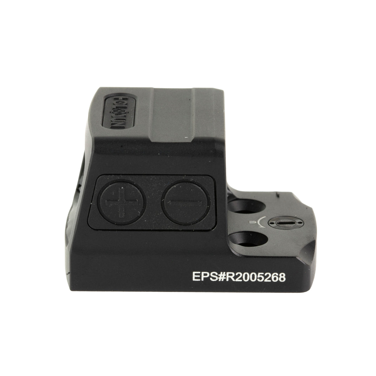 Holosun EPS RD MRS red dot sight side view showing the brightness buttons