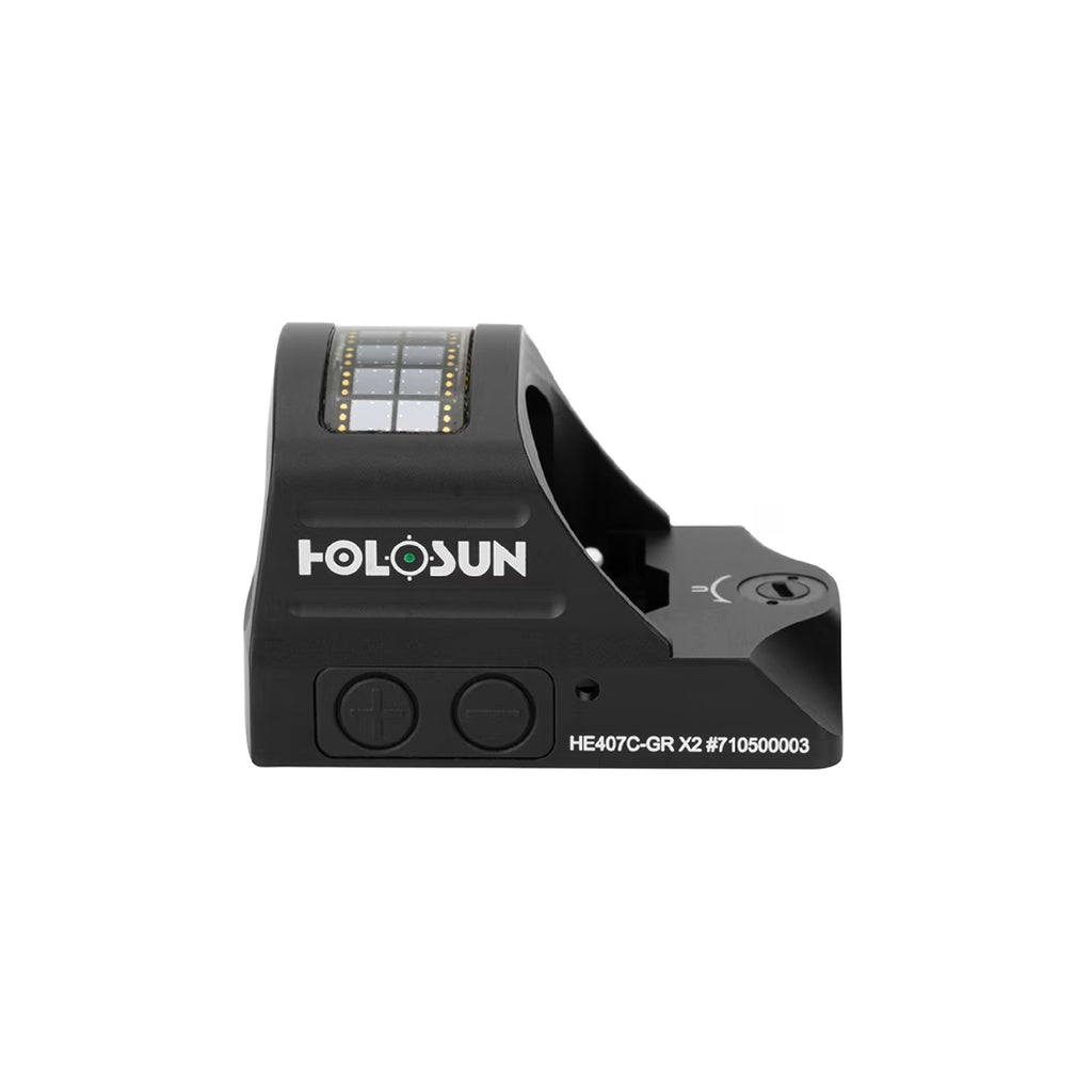 Holosun HE407C-GR X2 green dot sight side view showing the solar panel and Holosun logo