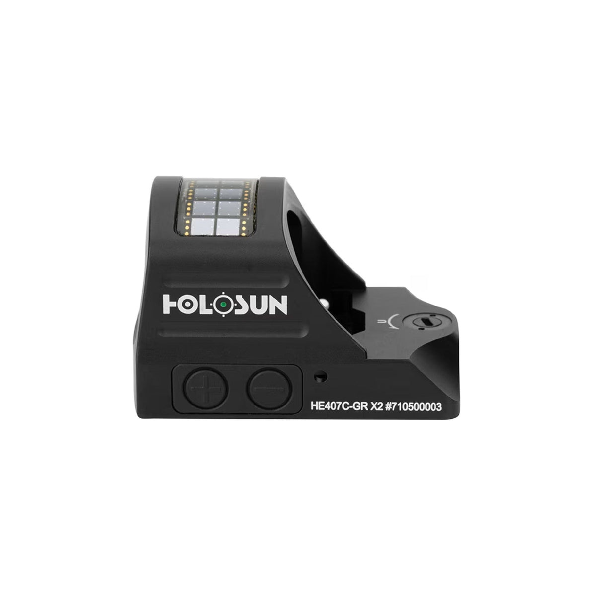 Holosun HE407C-GR X2 green dot sight side view showing the brightness buttons