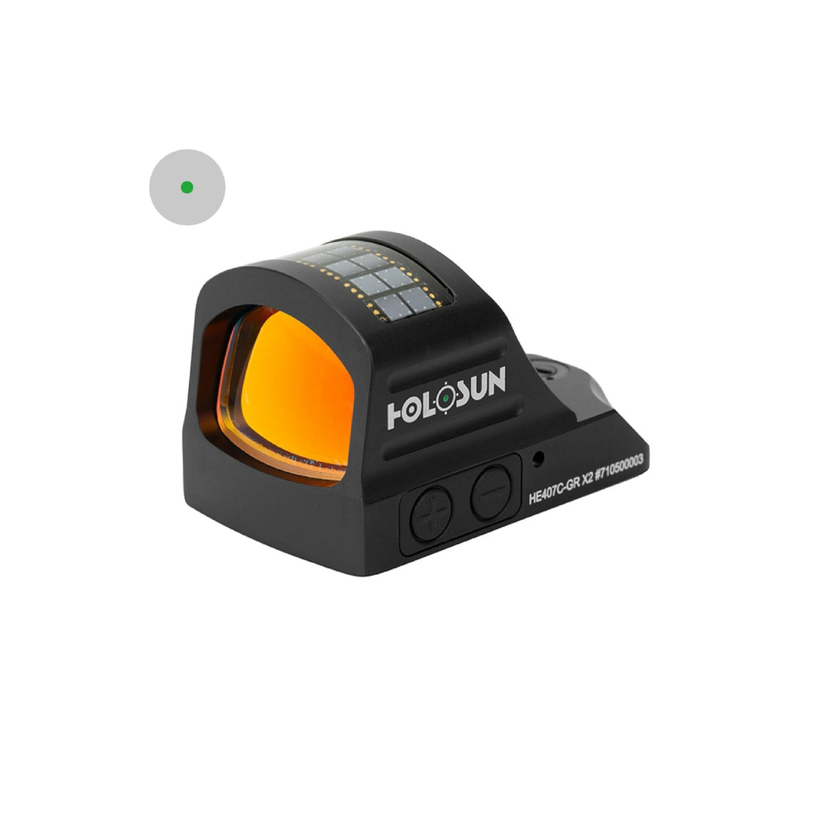 Holosun HE407C-GR X2 green dot sight angled front view with reticle inset