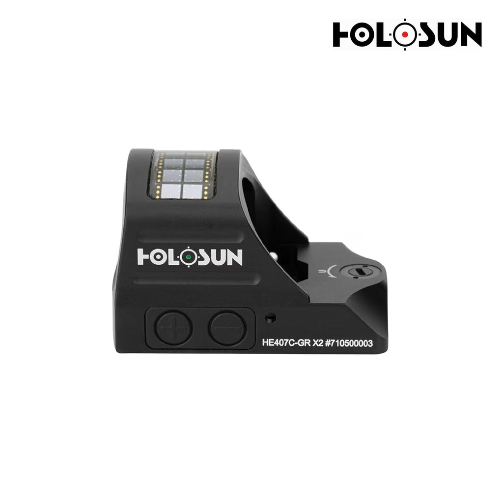 Holosun HE407C X2 green dot sight, an open-emitter reflex optic for pistol use