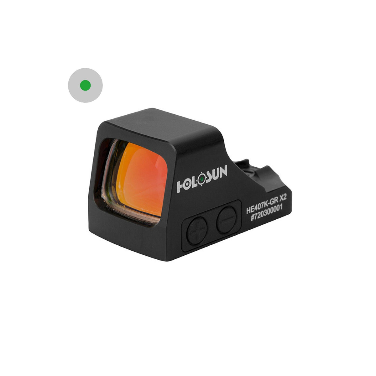 Holosun HE407K-GR X2 green dot sight angled front view with reticle inset