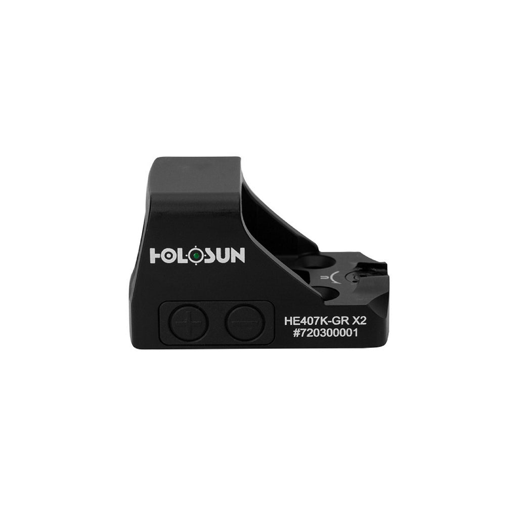 Holosun HE407K-GR X2 green dot sight side view showing the Holosun logo