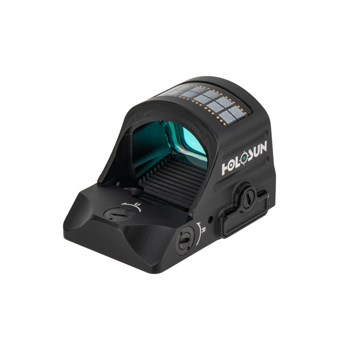 Holosun HE507C-GR X2 ACSS Vulcan green dot sight front three-quarter view showing the window and solar panel
