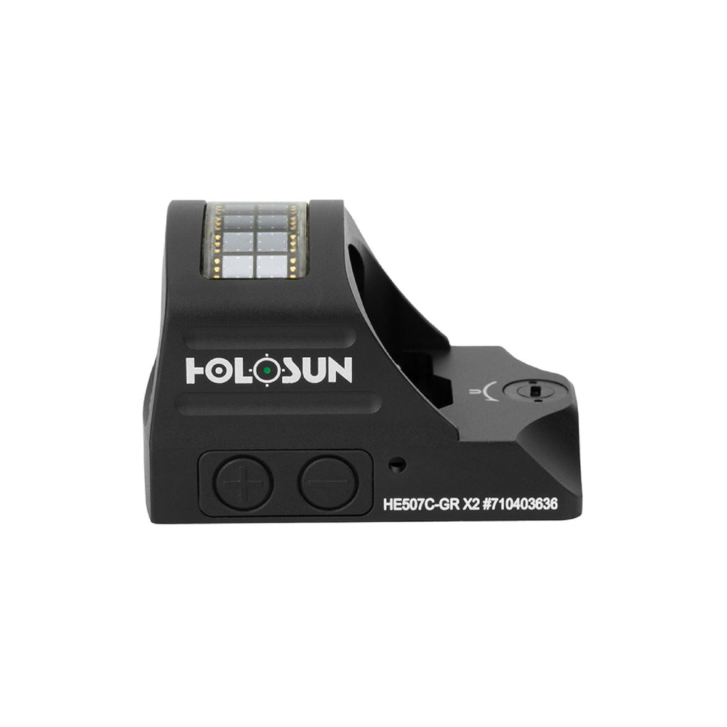 Holosun HE507C-GR X2 green dot sight rear view showing the brightness buttons and solar panel
