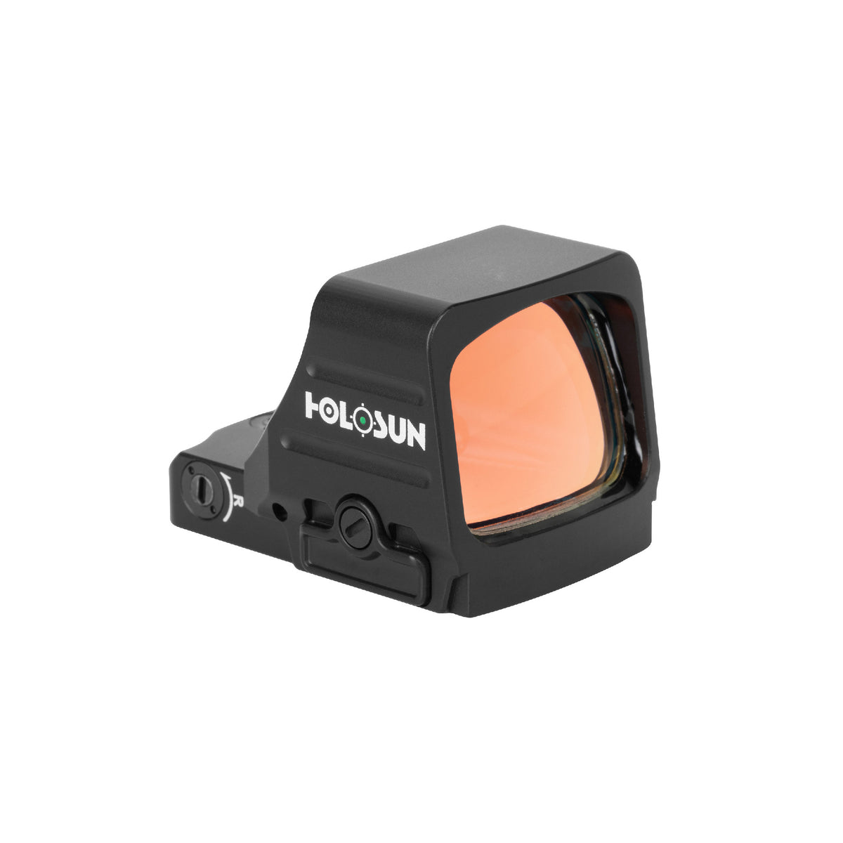 Holosun HE507COMP-GR green dot sight front three-quarter view showing the window and orange lens
