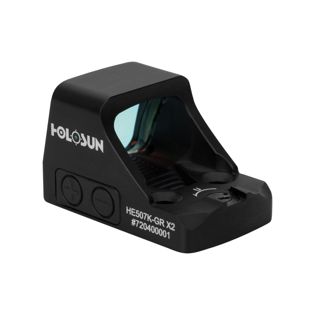 Holosun HE507K-GR X2 green dot sight front view showing the window and Holosun logo