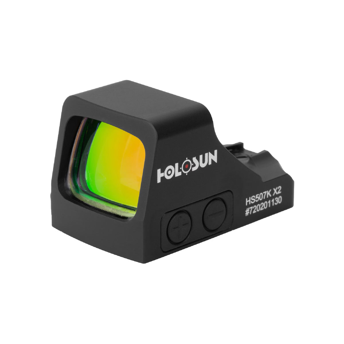 Holosun HE507K-GR X2 green dot sight front three-quarter view showing the window with green lens tint