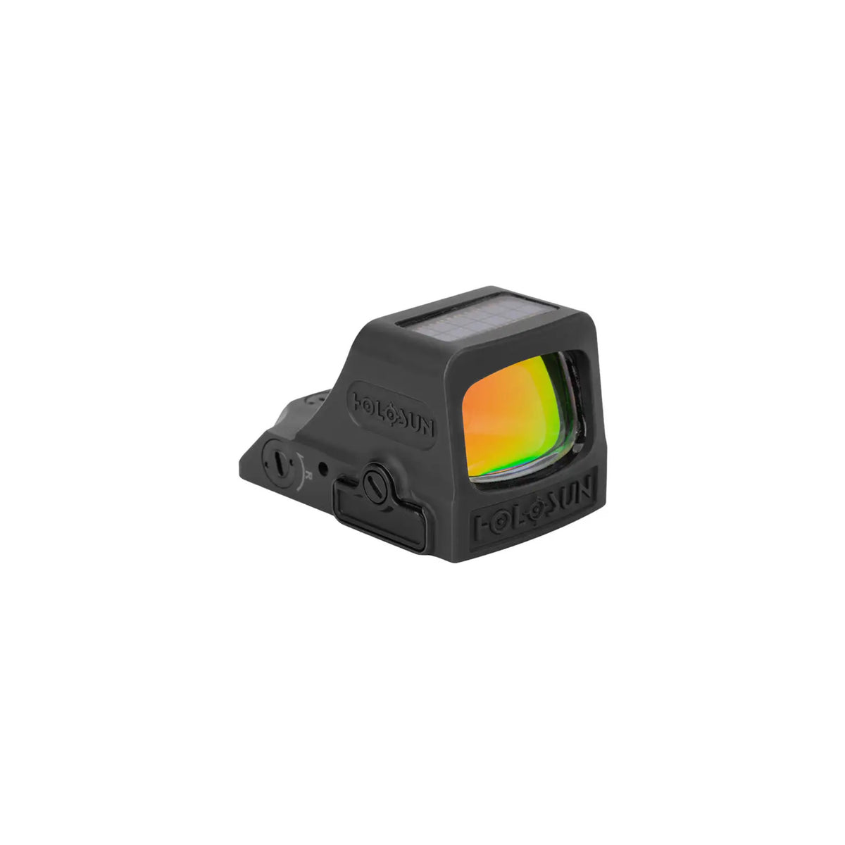 Holosun HE508T X2 green dot sight front three-quarter view from the right showing the lens coating