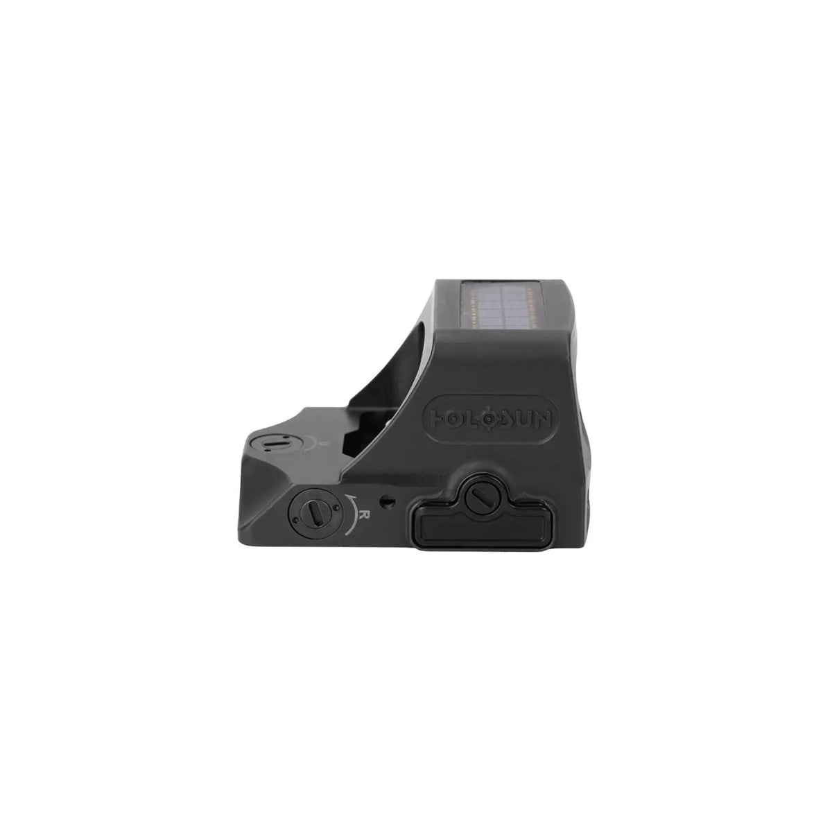 Holosun HE508T-RD X2 red dot sight rear view showing the brightness buttons and solar panel
